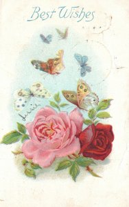 Vintage Postcard 1909 Best Wishes Greetings Card Flowers And Butterfly Souvenir