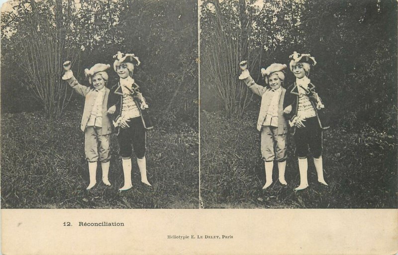 Postcard Stereographic image children masquerade costumes reconciliation