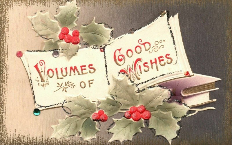 Vintage Postcard 1910's Volumes of Good Wishes Greetings Holly Berries & Books 