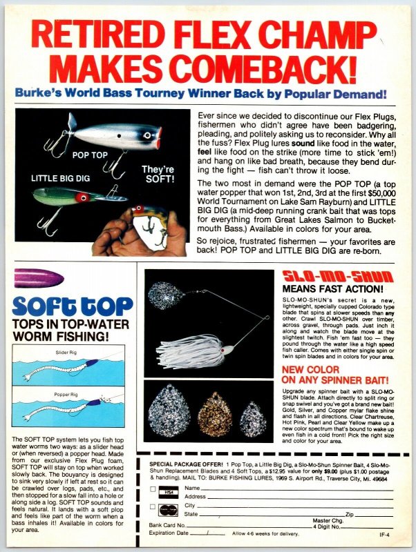 1981 Burke's Vintage Fishing Lure  Print Ad Pop Top Lure Man Cave F1