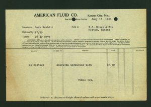 American Fluid Co. Kansas City Mo. Vintage July 17, 1933 Invoice