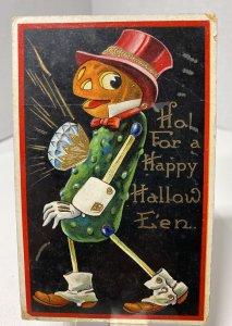 Vintage Halloween Postcard Goblin Pickle Man Diamond Gel 7107 Anthropomorphic