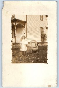 c1910's Girl With Doll House Scene Porch RPPC Photo Posted Antique Postcard