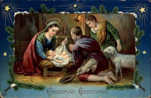 EAS Christmas Nativity Mary Joseph and Baby Jesus with Shepherd c1910 Gel PC