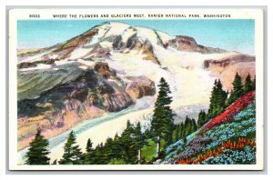 Flowers and Glacier Mount Rainier National Park Washington WA Linen Postcard N25