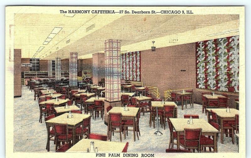 Postcard IL Chicago Interior The Harmony Cafeteria Pine Palm Dining Room A18