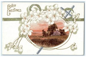 1910 Easter Greetings Cross White Flowers Embossed Antigo Wisconsin WI Postcard