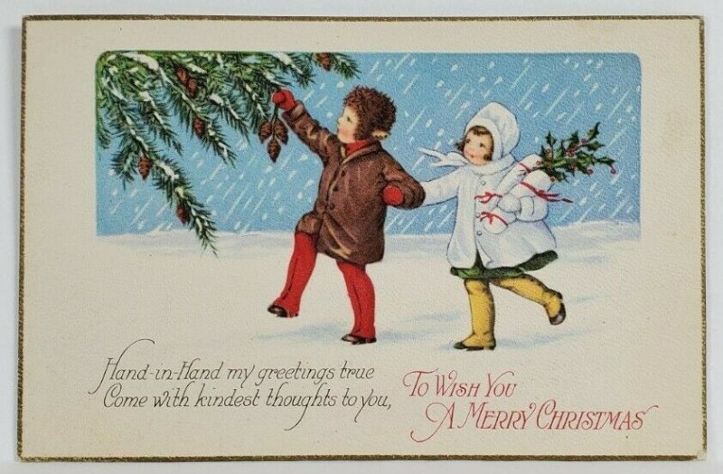 Christmas Greetings Children Snow Scene Picking Pinecones Postcard S7