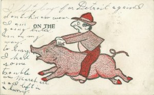 Man Riding Hog Postcard, 1909 UDB Postcard, Humorous, Postally Used