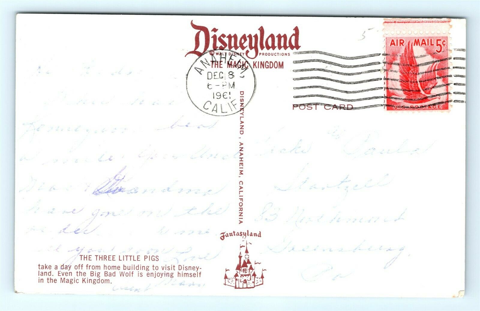 Postcard CA Anaheim Disneyland Three Pigs and Friend Big Bad Wolf A37