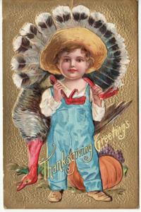 THANKSGIVING   BOY carries LARGE TURKEY  postcard
