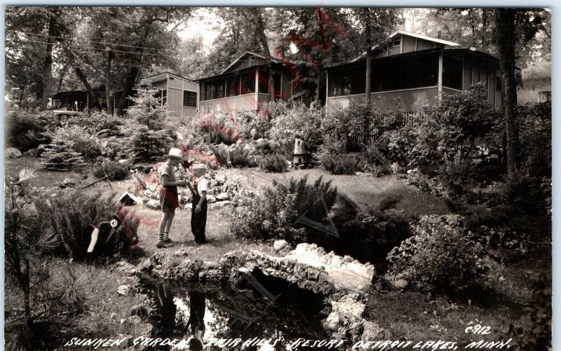 c1940 Detroit Lakes, Minn. Fair Hills Resort RPPC Boys Cabin Vacation MN A161