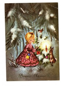 Bonne Annee, Good Year, Chritmas Tree, Girl, Bunny,