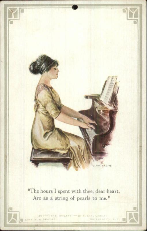 F. Earl Christy Beautiful Woman at Piano #401 THE ROASRY Knapp Postcard 