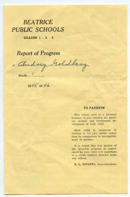 Beatrice NE Public Schools Vintage 1945-46 Report of Progress Grade 1 