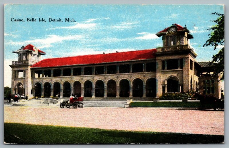 Postcard Detroit MI c1908-1910 Belle Isle Park Casino Building View Old Car