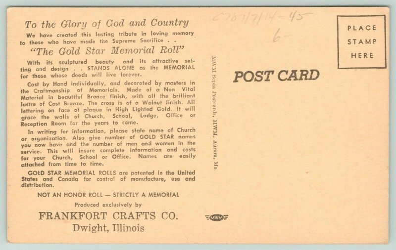 Dwight IL~Frankfort Crafts Co~Gold Star Memorial Roll~Globe~Masonic Lodge~1940s 