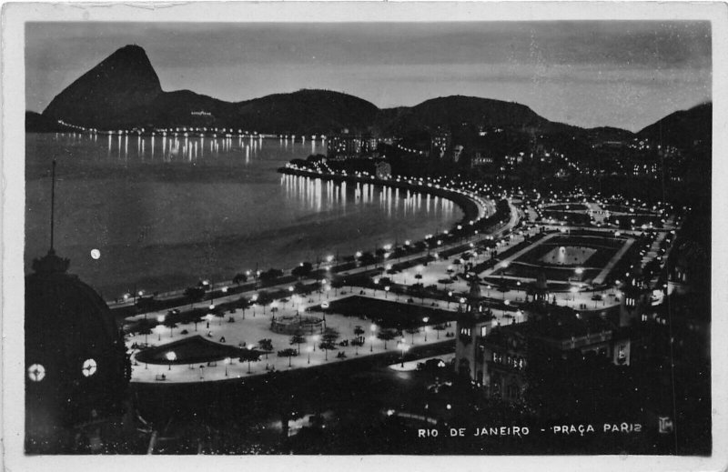 Rio De Janeiro Brazil 1930s RPPC Real Photo Postcard Praca Paris At Night