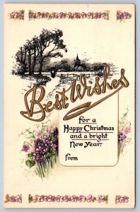 Best Wishes, Happy Christmas, Rural Scene, Flowers, Antique 1912 Tuck Postcard