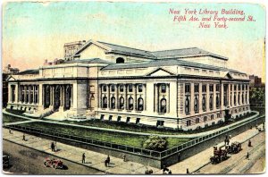 VINTAGE POSTCARD NEW YORK LIBRARY BUILDING FIFTH AVE AND 42nd STREET POSTED 1912