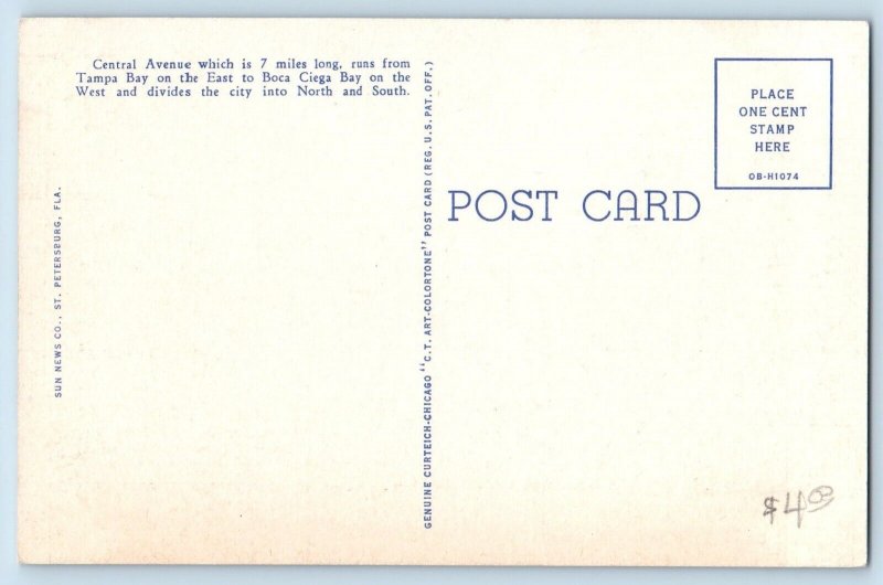 St Petersburg Florida FL Postcard Central Avenue Sunshine City Buildings c1940