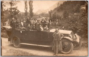 Group Of Men & Women Inside Truck, Forest Background, RPPC Real Photo, Postcard