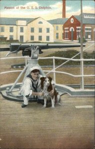 WWI U.S. Navy Sailor with Dog USS Dolphin Ship Vintage Postcard