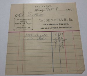 1887 JOHN BRAMM Segar Virginia Leaf Breslau ATLANTIC ST BROOKLYN NY Letterhead