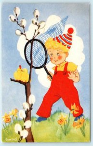 Artist Signed GUNILA S Glad Pask HAPPY EASTER Child, Chicks, Net 1950 Postcard