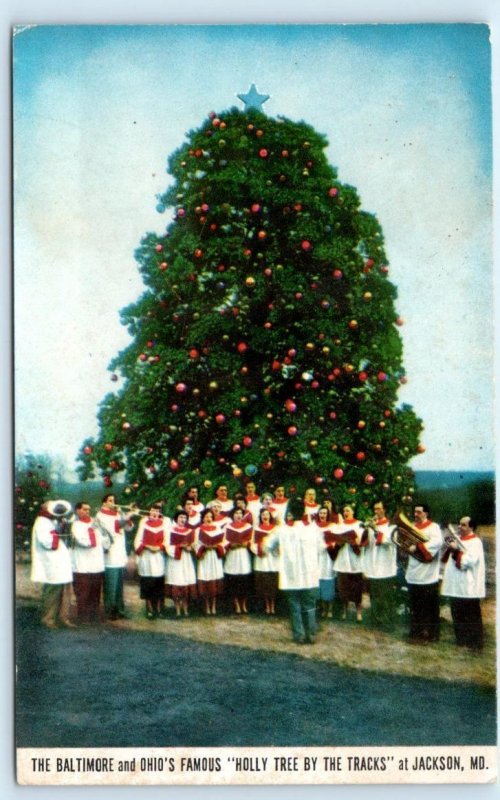 JACKSON, MD ~ XMAS HOLLY TREE by  Baltimore & Ohio RAILROAD TRACKS1957 Postcard