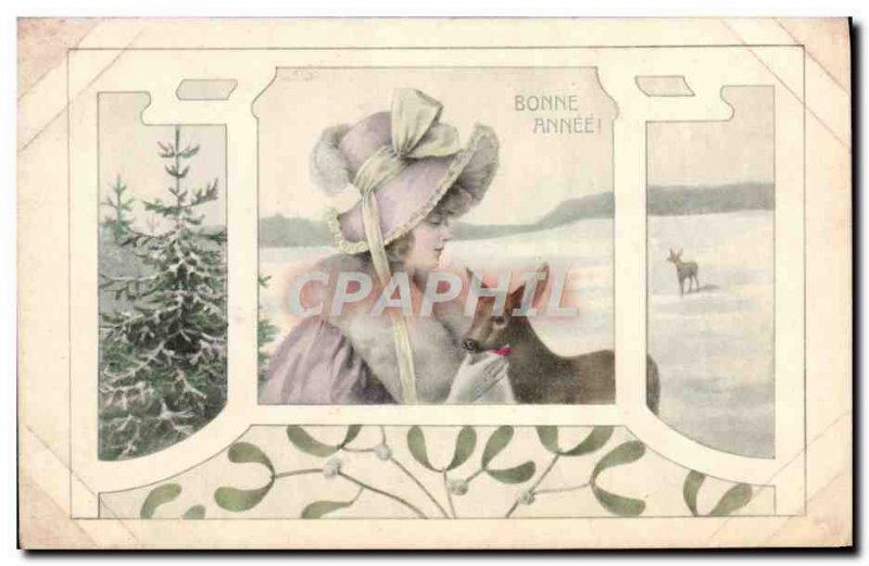 Old Postcard Fantasy Woman Happy new year Biche