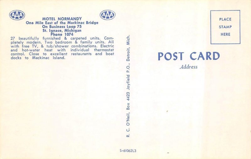 2~Chrome Postcards  St Ignace, MI Michigan  NORMANDY MOTEL Multi View ROADSIDE 