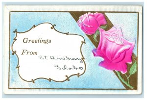 c1909s Greetings from St. Anthony Idaho Pink Rose Posted Antique Postcard