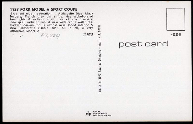 Classic Car Postcard 1929 FORD Model A Sport Coupe