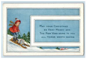 c1905 Merry Christmas Happy New Year Boy Sled Gift Snow Winter Embossed Postcard