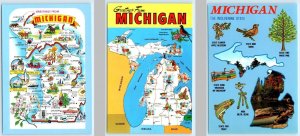 3 Postcards MICHIGAN Wolverine State ILLUSTRATED MAPS Cartographs ~ 4x6