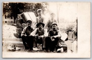 RPPC Men Construction Workers on Lunch Break Jugs Bottles Overalls Postcard G21