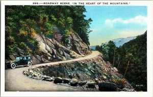 Roadway Scene Heart Mountains Old Car Asheville Vintage Postcard USA Asheville 