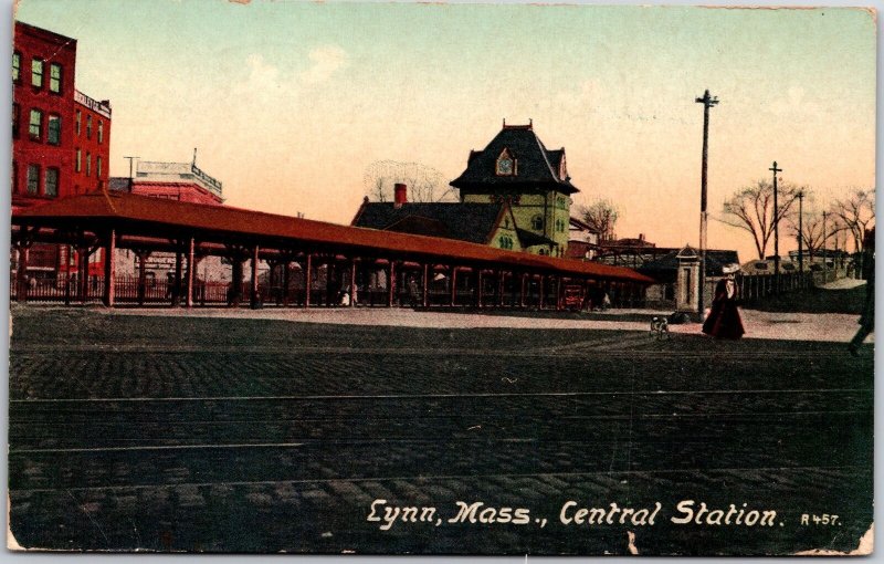 1912 Central Station Lynn Massachusetts MA Railroad Posted Postcard