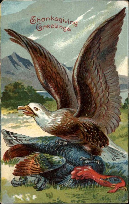 Thanksgiving Turkey Killed Murdered by American Eagle c1910 Vintage Postcard
