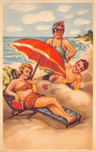 Lot168 comic postcard woman at beach getting a flower belgium pin up risque