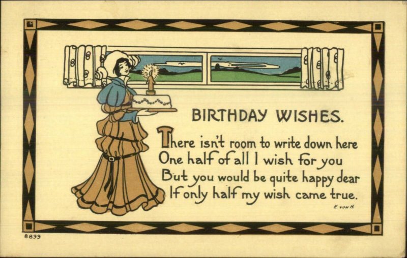 Arts & Crafts Birthday Woman w/ Cake E. Von Hartmann Postcard