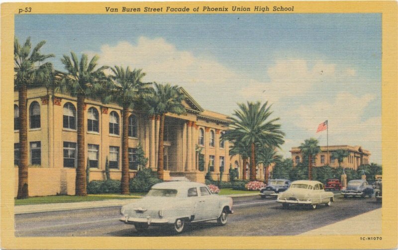 Van Buren Street Façade of Phoenix Union High School Arizona Linen Postcard