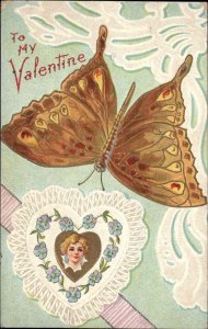 Valentine's Day Butterfly Children Heart Faces Embossed c1900s-10s Postcard 2