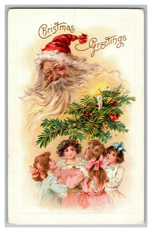 Postcard Christmas Greetings Santa Girls Vintage Standard View Embossed Card