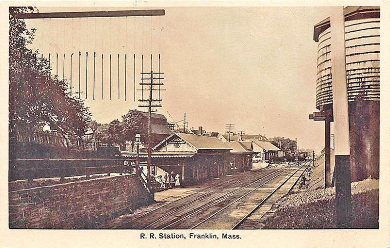 Franklin MA Railroad Station Train Depot Water Tower 1912 RPPC Postcard