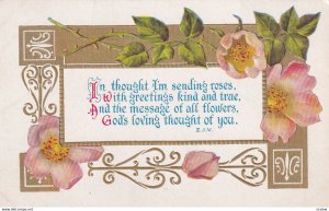 GREETINGS, 1900-10s; Well Wishes Message, Pink Flowers, Gold Detail