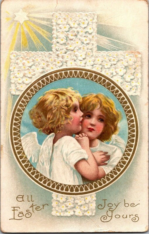 Angels white flower cross gold Dresden frame shining star Easter vtg postcard