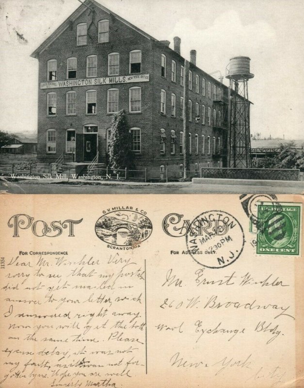 WASHINGTON N.J. SILK MILL ANTIQUE POSTCARD CORK CANCEL 