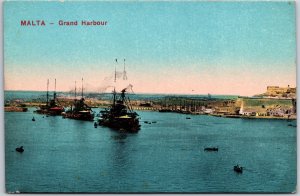 Malta - Grand Harbour Boats and Ships Blue Waters Postcard